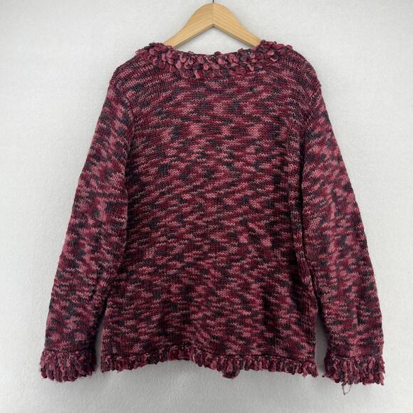 APRIL CORNELL Sweater XL Wool Blend Marled Button Up Cardigan Chunky Fringe Red - Picture 2 of 14